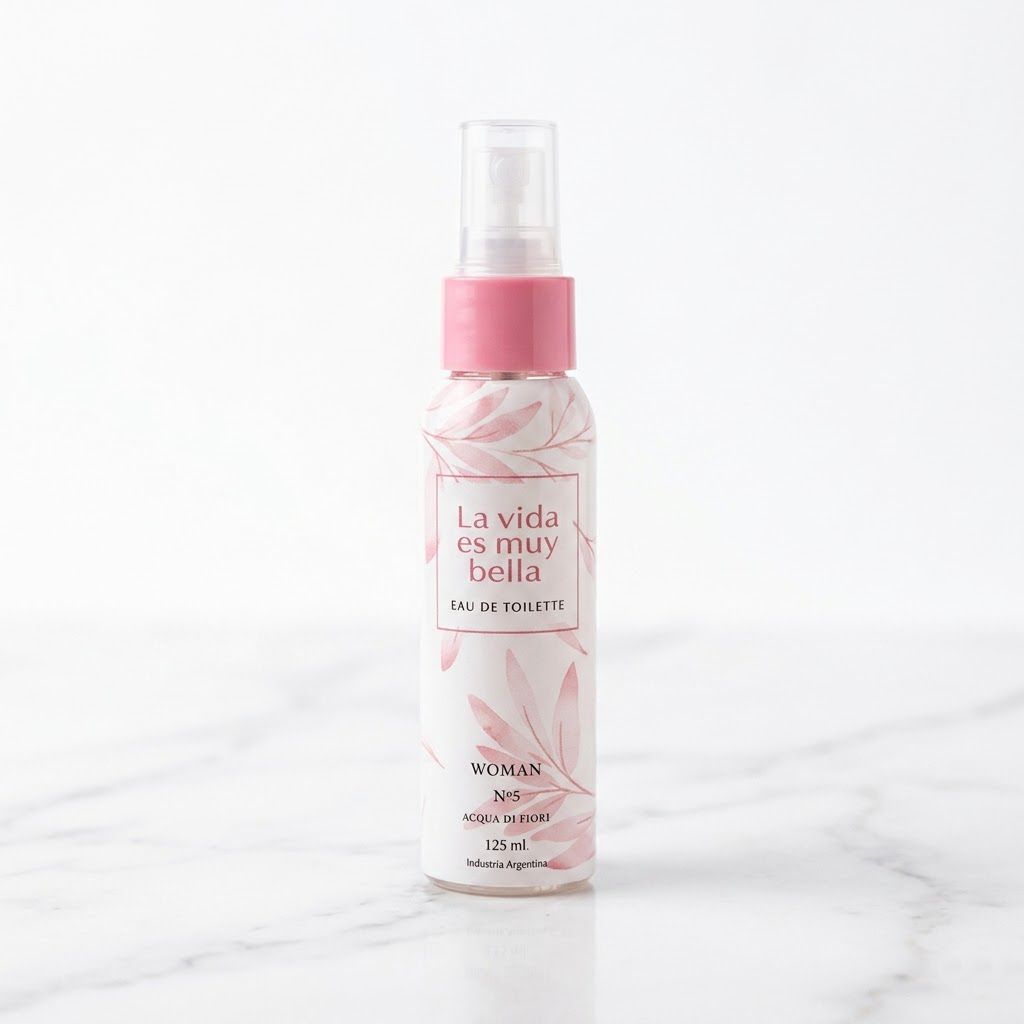 Perfume Vida Muy Bella EDT primer plano etiqueta Acqua di Fiore Woman Nº5 125ml tapa rosa spray Click & Go
