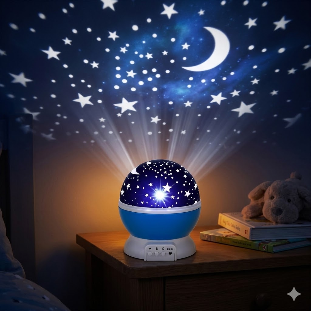 Proyector de estrellas LED rotativo encendido en habitaci&oacute;n infantil oscura Click & Go