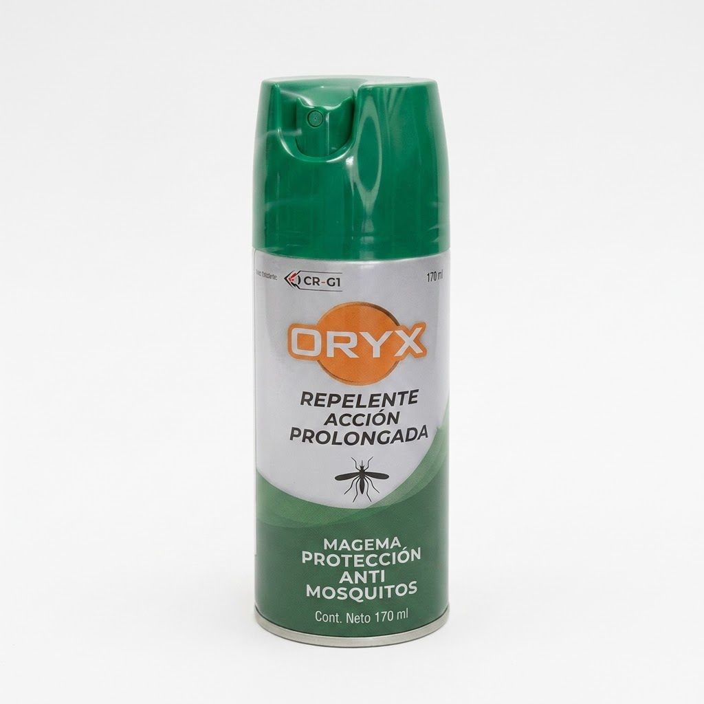 Aerosol repelente ORYX 170ml primer plano etiqueta Magema Protecci&oacute;n Anti Mosquitos acci&oacute;n prolongada Click & Go
