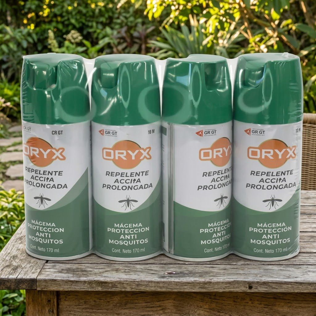 Repelente aerosol ORYX kit x4 acci&oacute;n prolongada Click & Go sobre mesa de jard&iacute;n al aire libre familia