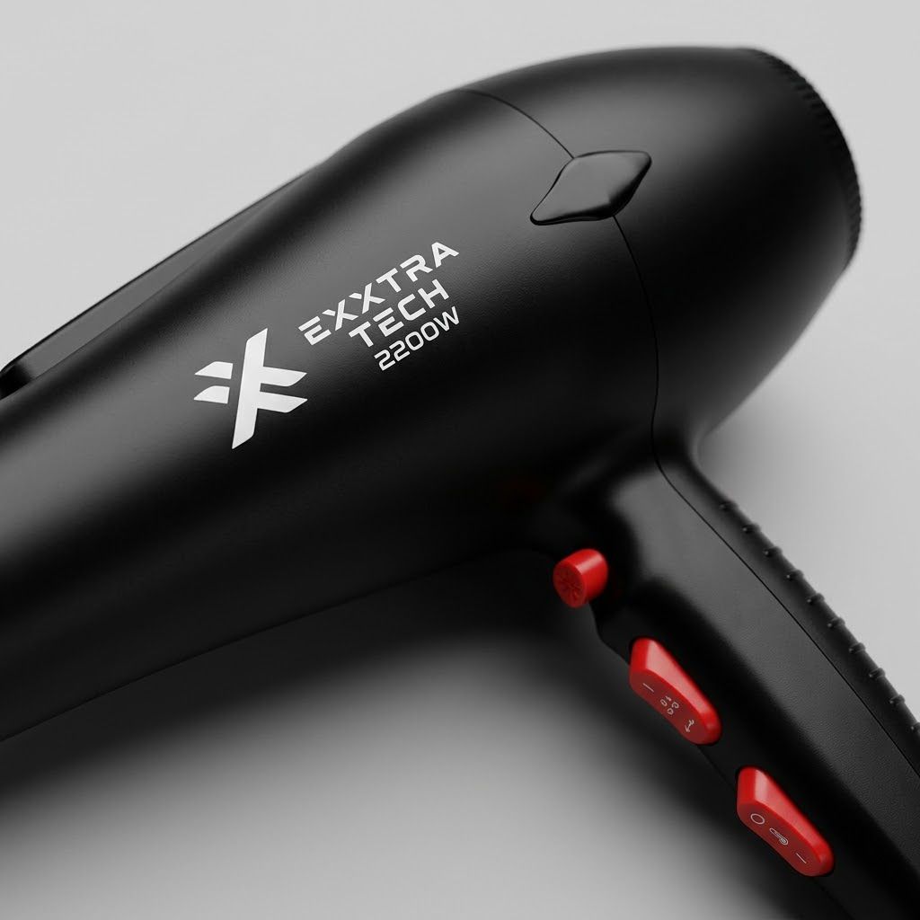 Secador pelo Exxtra Tech 2200W negro primer plano selector velocidad temperatura botones laterales Click & Go