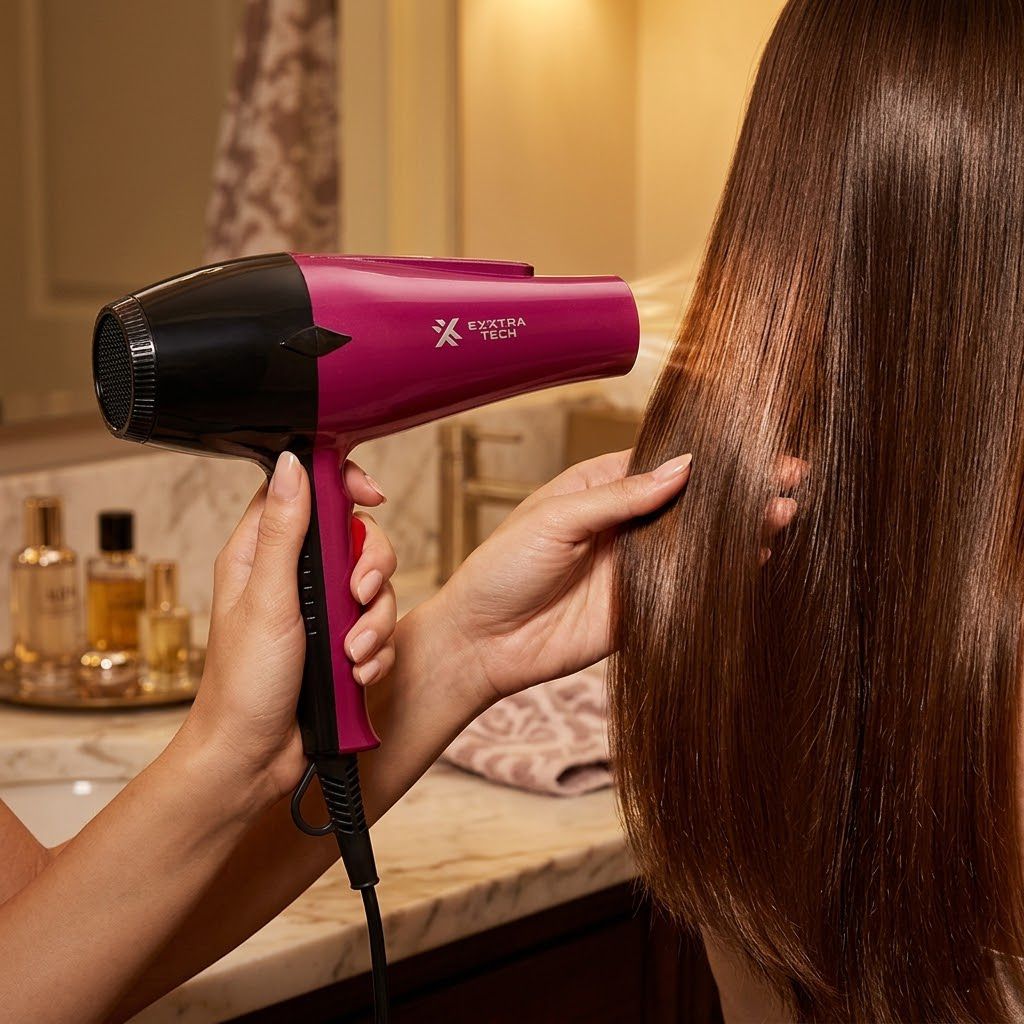 Secador pelo profesional 2200W Exxtra Tech fucsia negro Click & Go siendo usado en cabello largo liso