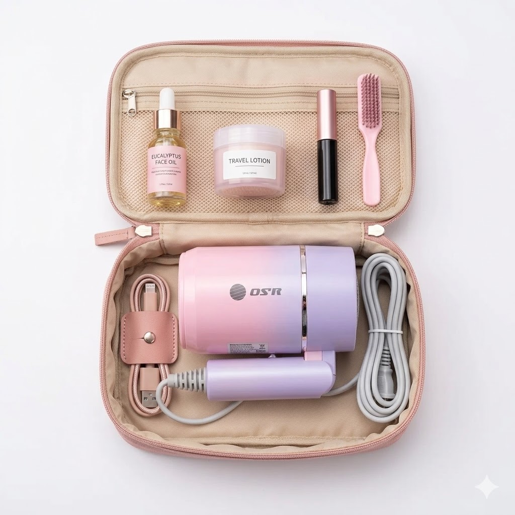 Secador de pelo plegable OSR 850W Click & Go doblado mostrando diseño compacto para viaje